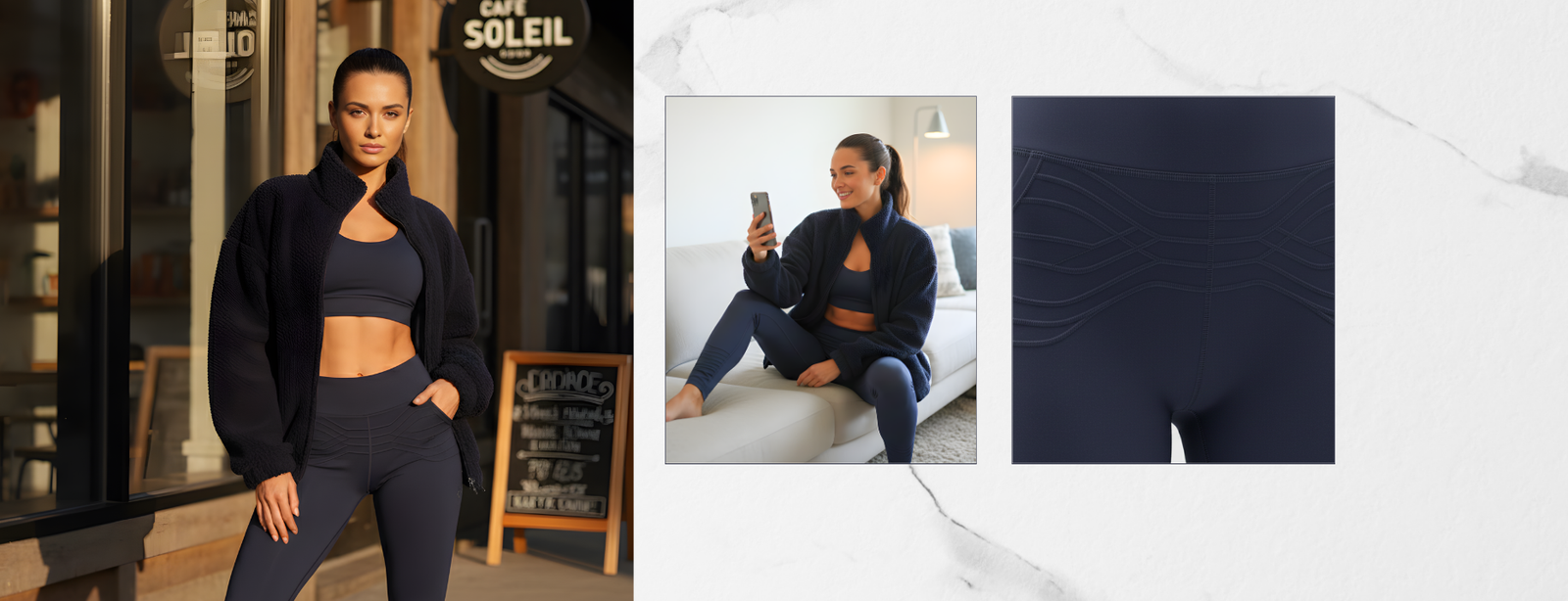 Woman in adjustable compression shorts demonstrating ACT technology for hollistic period relief.