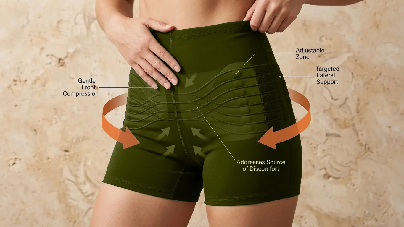 Targeted compression diagram showing 360-degree pressure zones on the hips and lower back