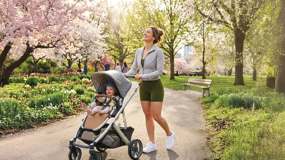 A mother walking her baby in a stroller through the park, wearing A.C.T shorts